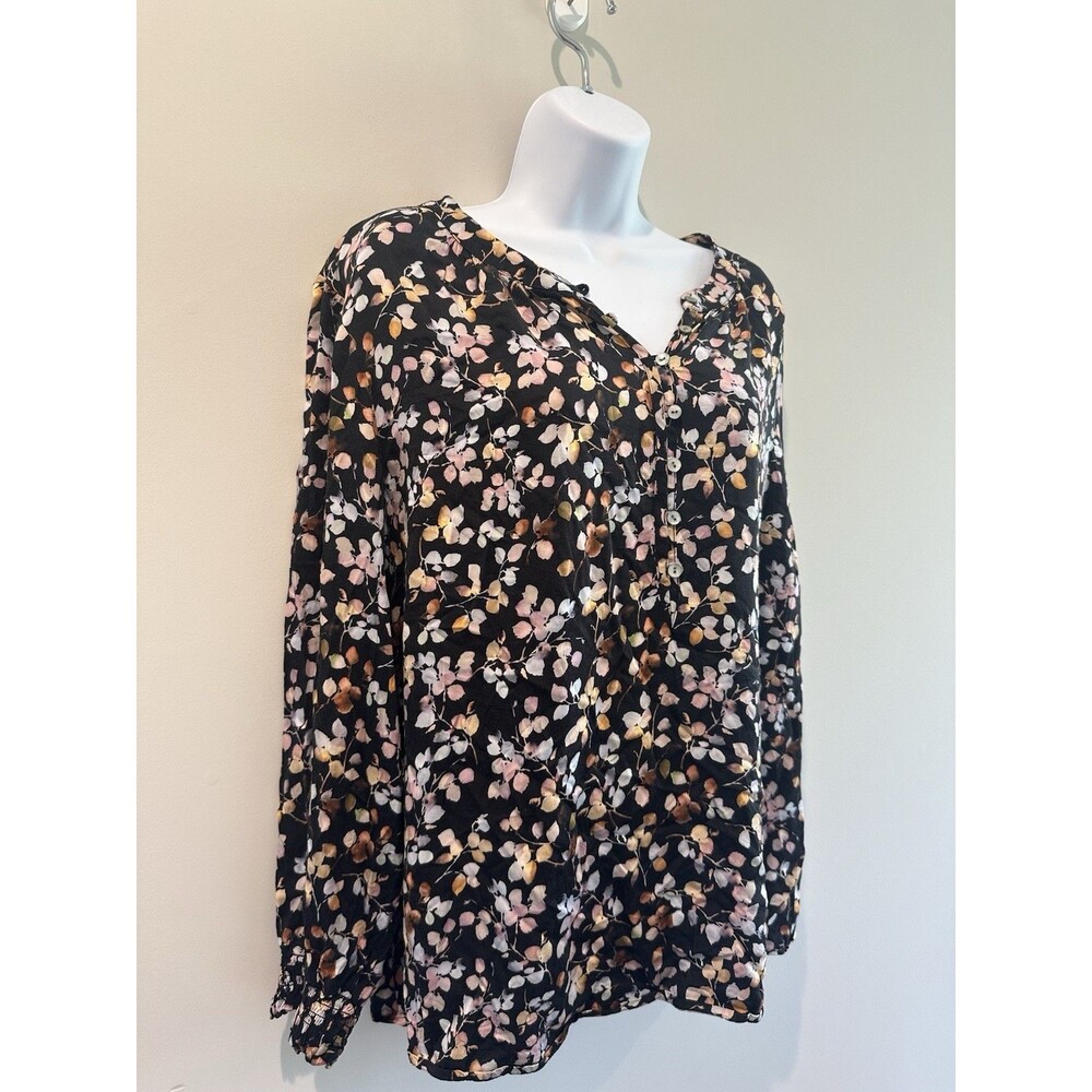J. Jill XL Black Pink Floral Button Front Long Sleeve Peasant Boho Blouse